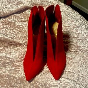 Jessica Simpson pointed toe red heeled boot silver zipper